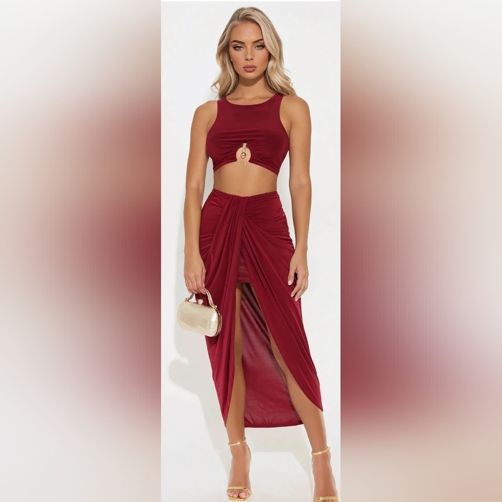 Fashion Nova Burgundy High-Low Skirt